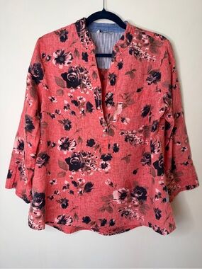 John Mark Coral Floral Band-Collar Tunic Top Linen Pink coral 3/4 sleeve Medium